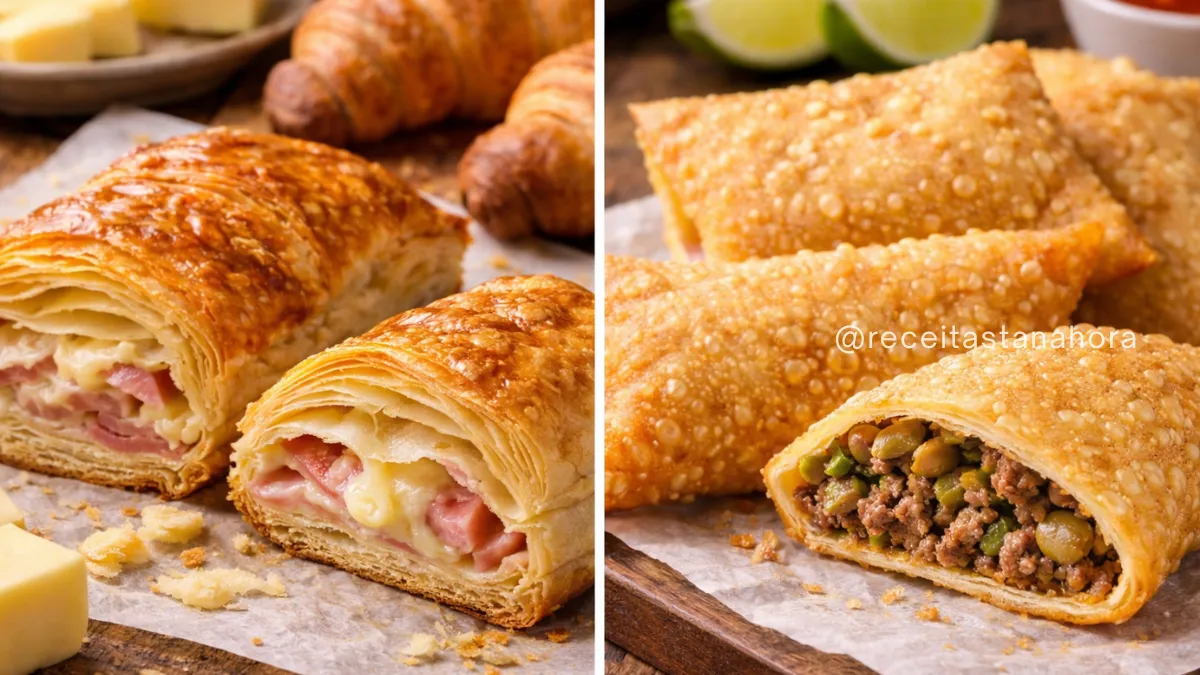 massa folhada e massa de pastel lado a lado mostrando diferenças de textura