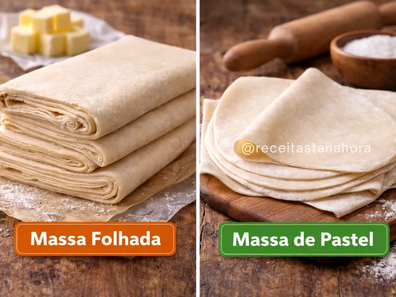 comparação entre massa folhada e massa de pastel mostrando diferença de textura