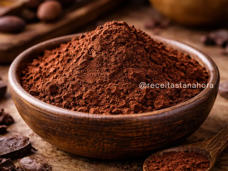 cacau em pó escuro em recipiente mostrando textura fina