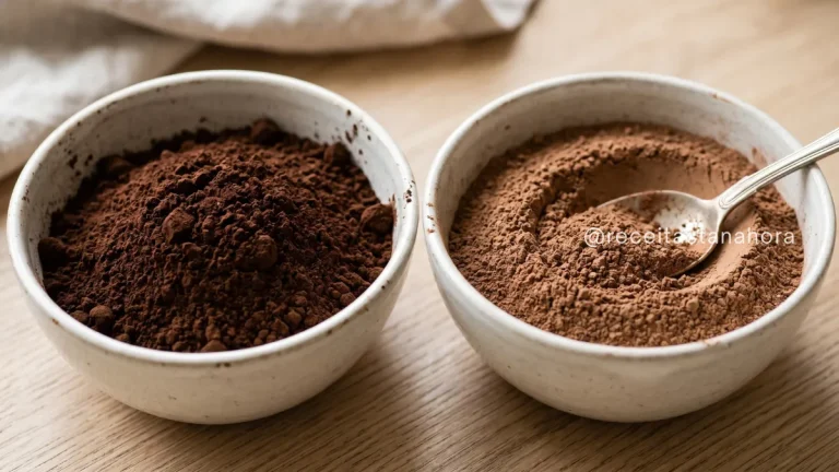 diferença entre cacau em pó e chocolate em pó lado a lado em tigelas mostrando variação de cor e textura