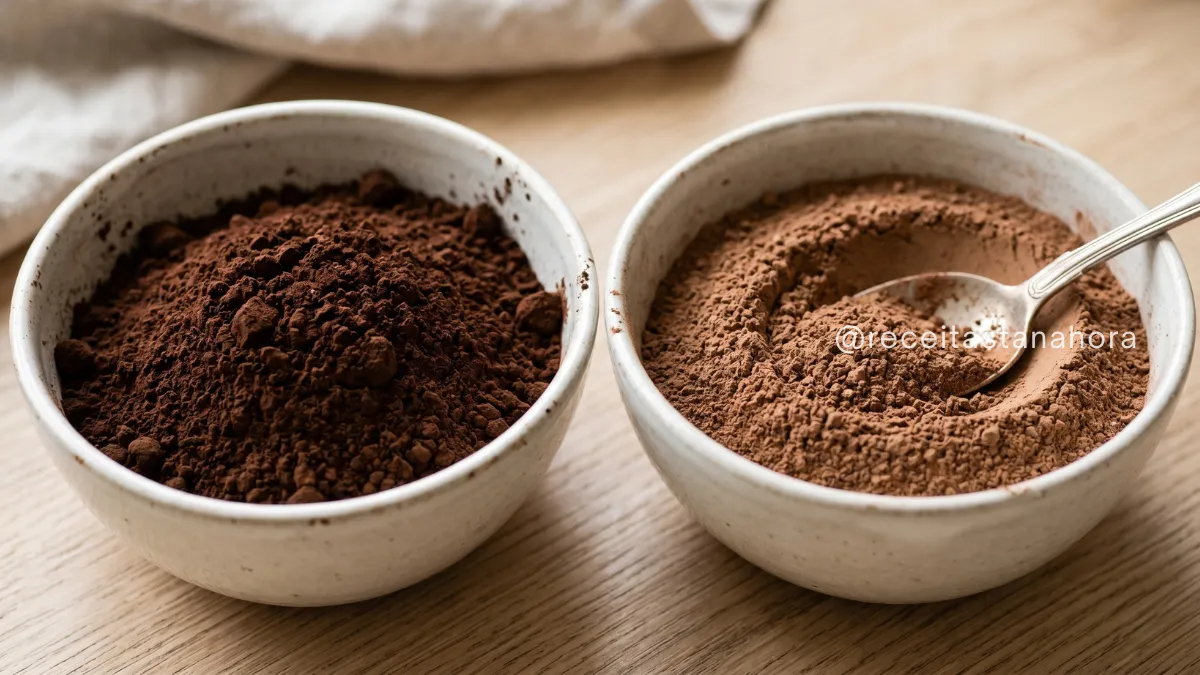 diferença entre cacau em pó e chocolate em pó lado a lado em tigelas mostrando variação de cor e textura
