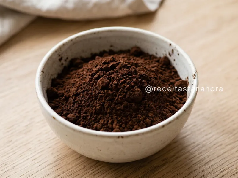 cacau em pó puro em tigela mostrando textura escura e mais intensa em comparação ao chocolate em pó