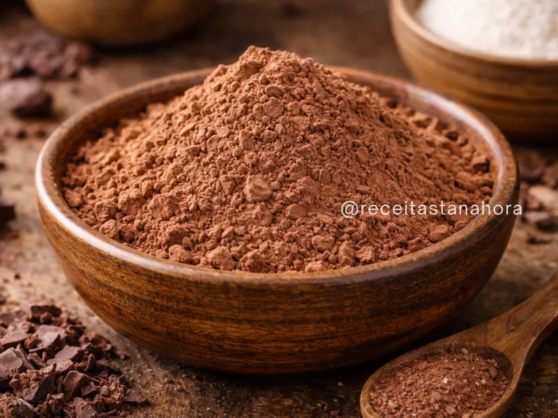 chocolate em pó claro em recipiente mostrando textura granulada