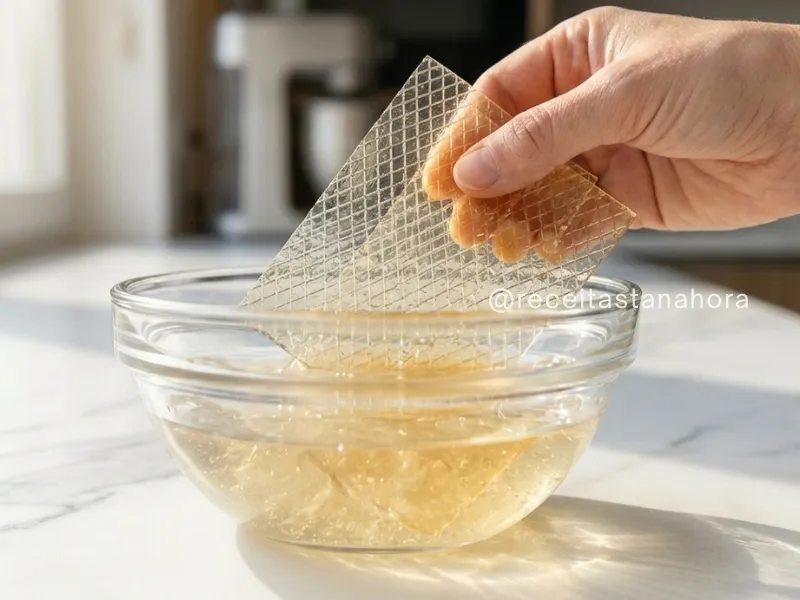 gelatina em folha sendo colocada na água para hidratação