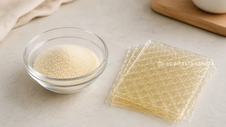 gelatina em pó e gelatina em folha lado a lado em bancada de cozinha mostrando textura e diferença visual