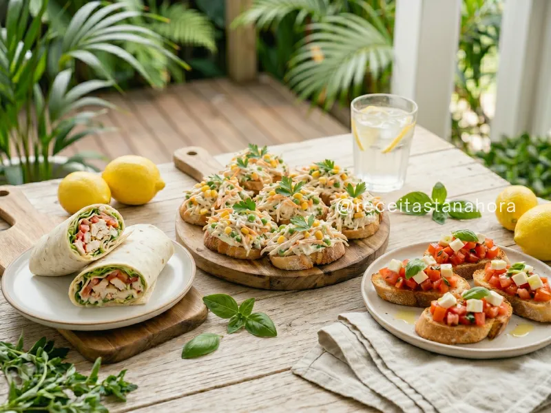 sanduíches leves com frango e bruschettas frescas