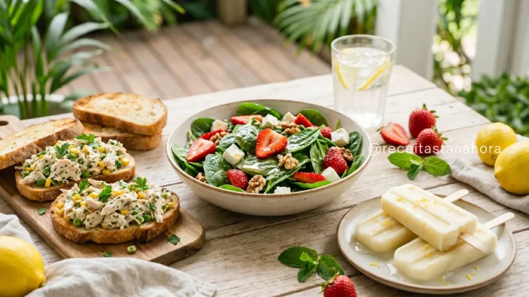 mesa com receitas fáceis para o verão servidas em clima tropical