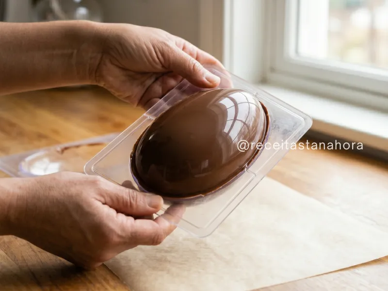 mãos retirando casca de ovo de páscoa de chocolate da forma com brilho liso e temperagem correta
