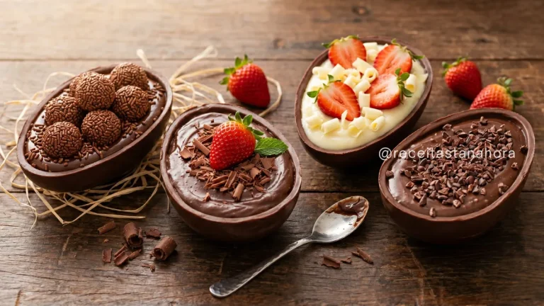ovos de páscoa caseiros recheados com brigadeiro chocolate e morango decorados sobre mesa rústica