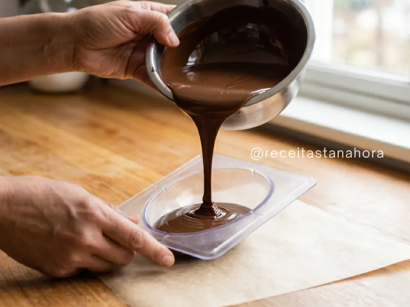 mão feminina despejando chocolate derretido em forma de ovo de páscoa para fazer a casca caseira