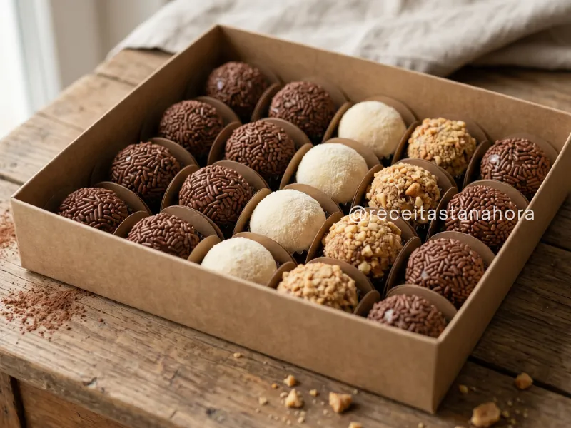 caixa de brigadeiros caseiros organizados para vender com chocolate leite em po e pacoca