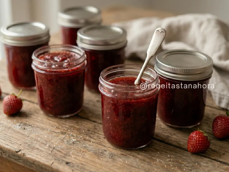 geleia de morango caseira em pote de vidro pronta para vender