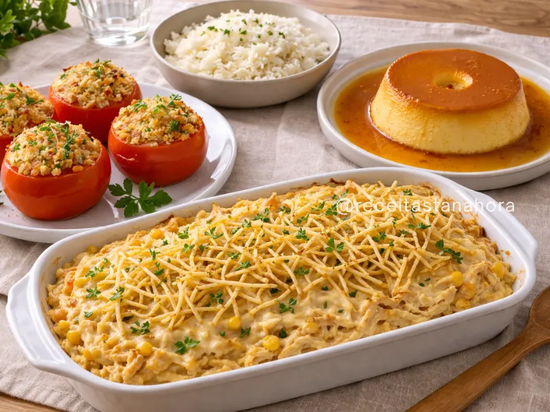 tomate recheado com fricassê de frango e pudim de leite servido em mesa