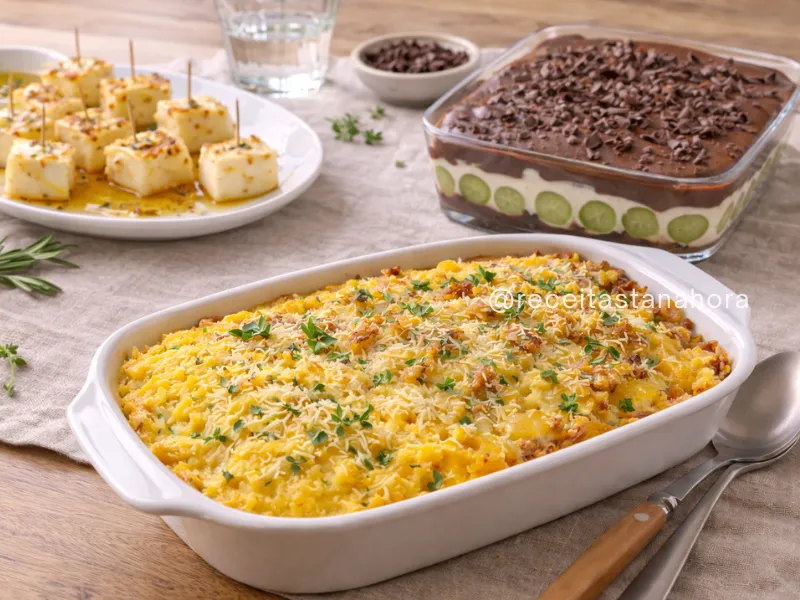espetinho de queijo coalho com escondidinho de mandioquinha e bombom de travessa