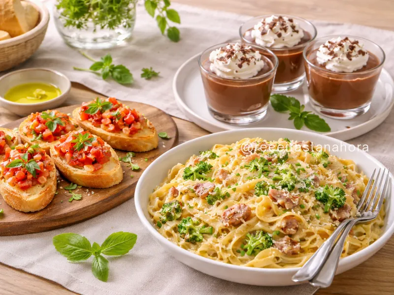 bruschetta de tomate com fettuccine e mousse de chocolate em mesa organizada