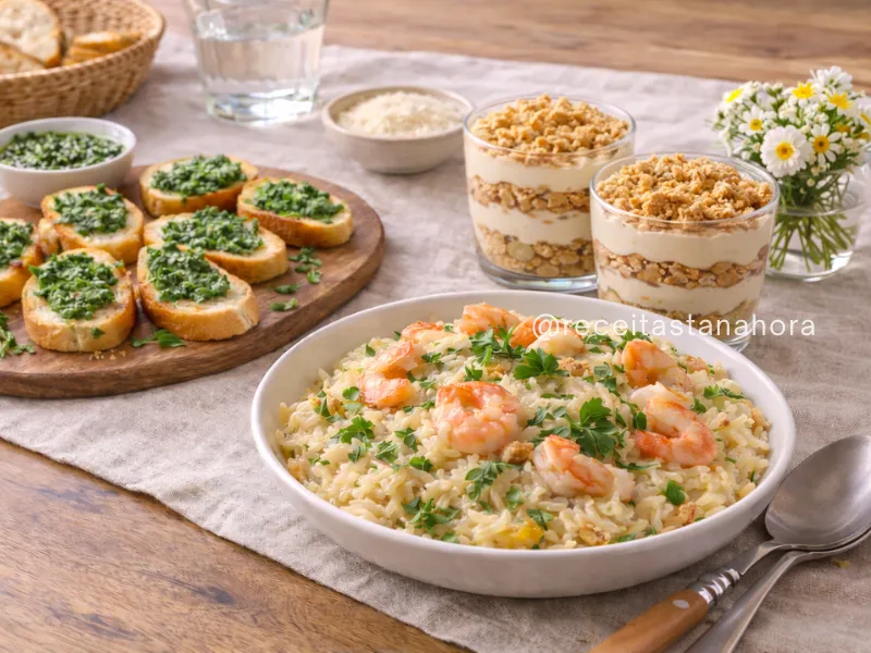 torradas com pesto, risoto de camarão e pavê de paçoca em taças