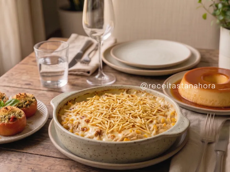fricassê de frango gratinado com tomate recheado e pudim de leite com calda