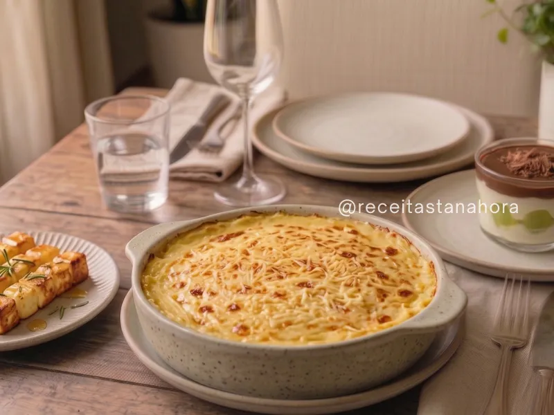 menu para almoço especial com escondidinho de mandioquinha gratinado, espetinho de queijo coalho com mel e bombom de travessa com uva