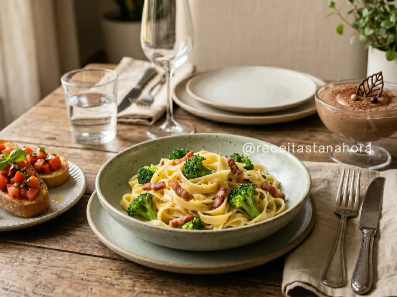 fettuccine com brócolis e bacon servido com bruschetta de tomate e mousse de chocolate