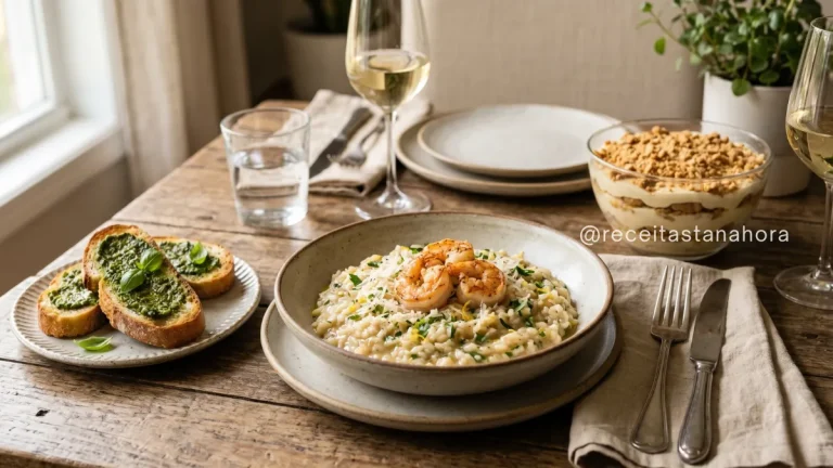 menu para almoço especial com risoto de camarão, entrada com torradas e sobremesa pavê em mesa elegante