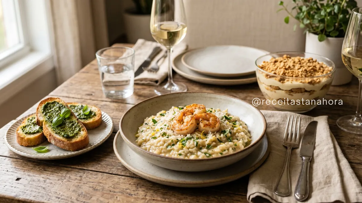 menu para almoço especial com risoto de camarão, entrada com torradas e sobremesa pavê em mesa elegante