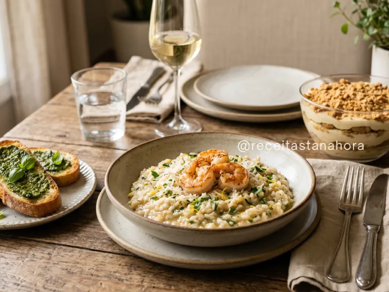 menu para almoço sofisticado com risoto de camarão, entrada leve e sobremesa em mesa elegante