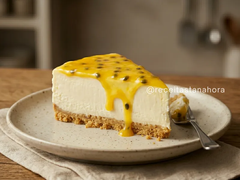 cheesecake de chocolate branco com calda de maracujá cremosa e base de biscoito