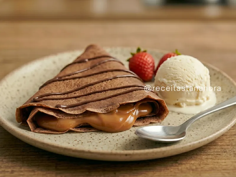 crepe recheado com doce de leite e cobertura de chocolate