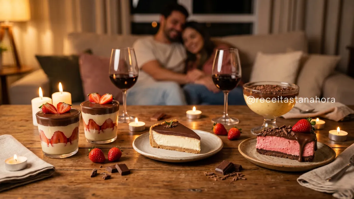 dia dos namorados com sobremesas especiais românticas em mesa aconchegante com doces e velas decorativas