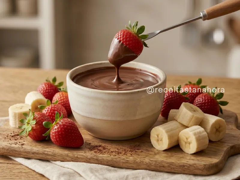 fondue de chocolate cremoso com morango e banana para mergulhar