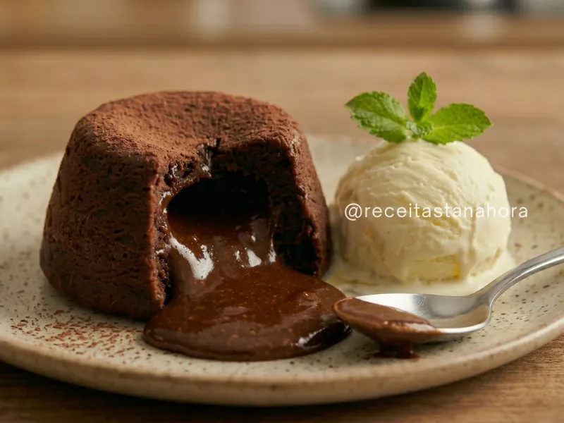 petit gateau com recheio derretendo servido com sorvete de creme