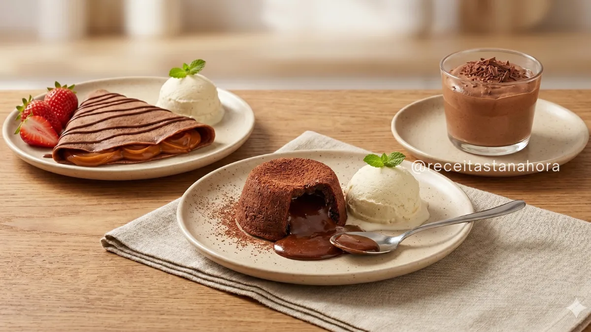 receitas com chocolate fáceis como petit gateau, mousse e crepe