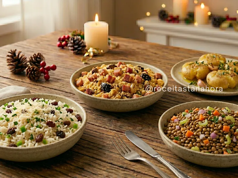 acompanhamentos para ceia de natal com arroz à grega, farofa natalina, batatas ao murro e salpicão de lentilhas em mesa decorada