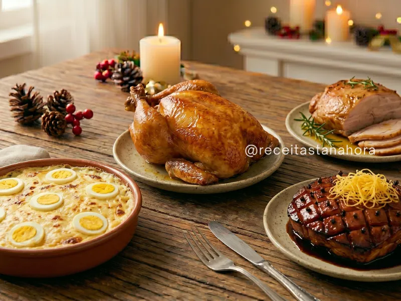 carnes para ceia de natal com chester assado, pernil fatiado, tender com molho de vinho e bacalhau cremoso gratinado em mesa decorada
