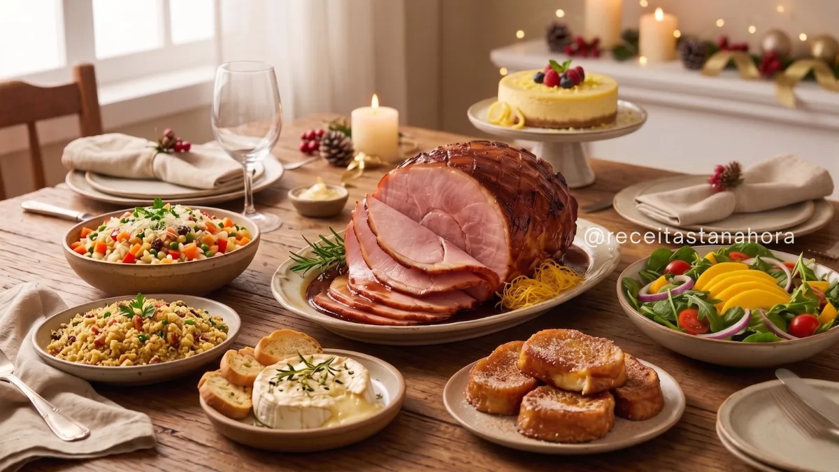 ceia de natal completa com tender arroz a grega farofa natalina salada com manga e cheesecake na mesa decorada