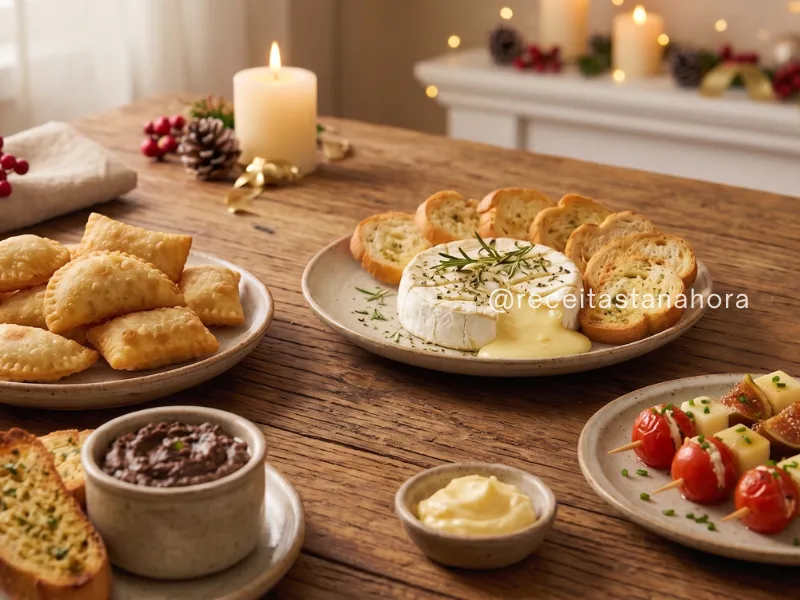 entradas para ceia de natal com pasteis de bacalhau camembert ao forno com ervas pate de azeitona com pao de alho e espetinho de queijo com tomate cereja