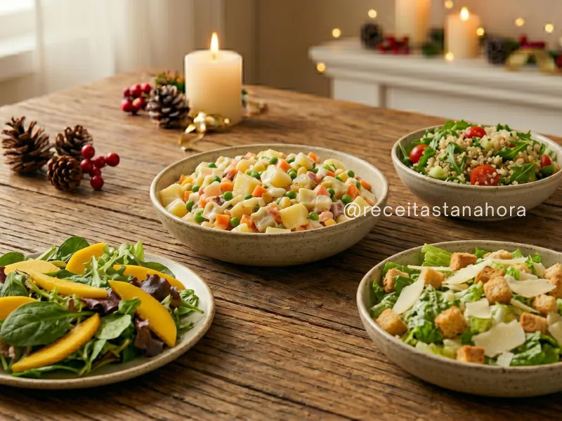 saladas variadas para ceia de natal com salada imperial, quinoa com rúcula, folhas com manga e salada caesar em mesa decorada