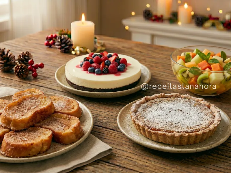 sobremesas para ceia de natal com rabanada dourada cheesecake de limao torta de castanha e salada de frutas em mesa decorada