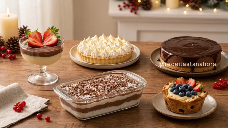 sobremesas de natal com torta de limão, mousse de chocolate, bombom de morango e sobremesa na travessa