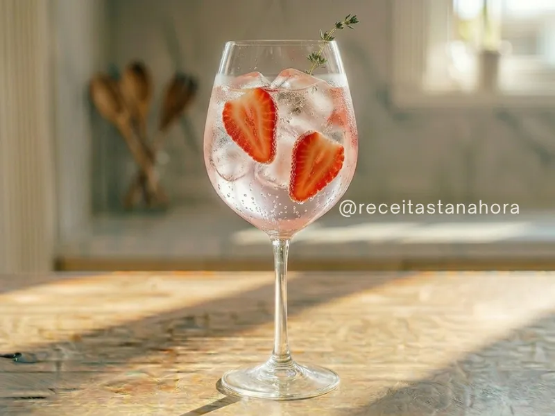 gin tônica com morango e gelo em taça refrescante
