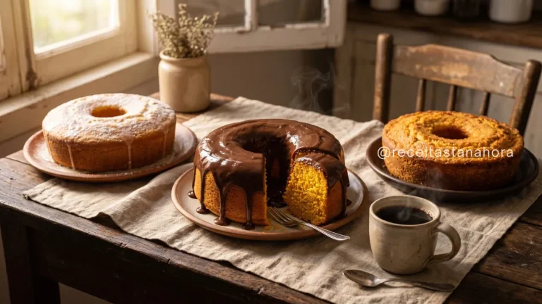 bolos caseiros simples e fofinhos em mesa rústica com com café