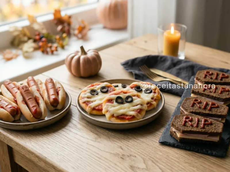 mini pizzas múmia, dedo quente e sanduíches em formato de caixão