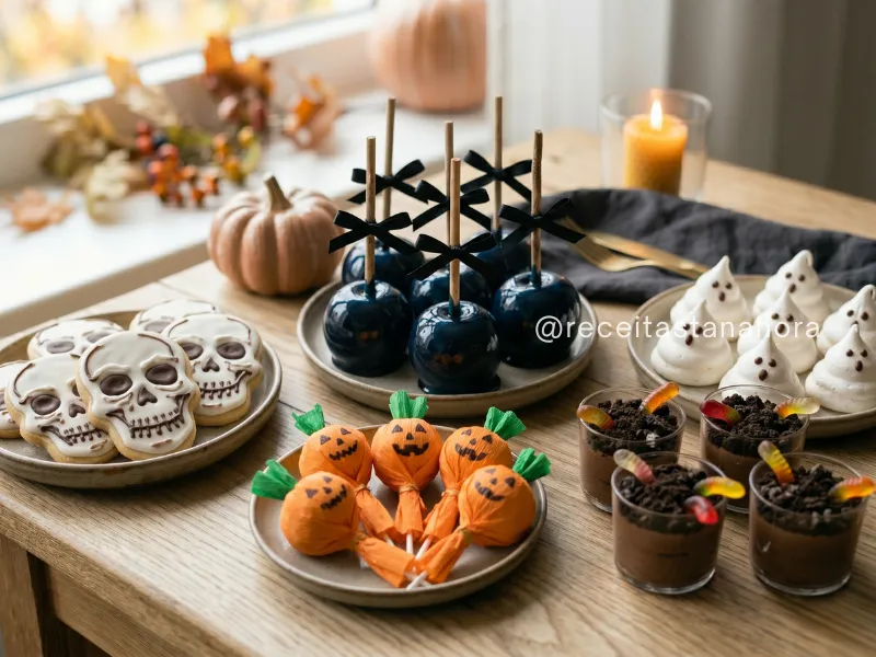 doces temáticos com maçã caramelizada azul, suspiros fantasmas e mousse de chocolate