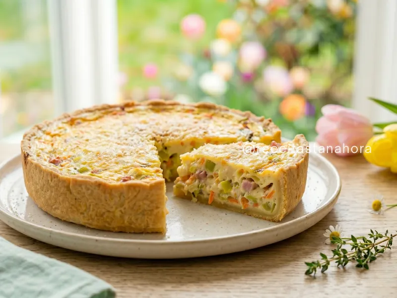 quiche primavera cremosa com legumes e queijo gratinado servida em cenário leve de primavera