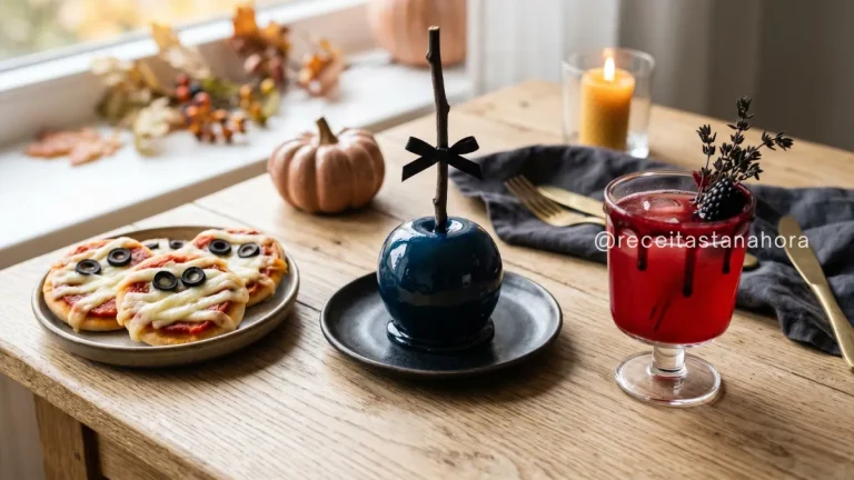 mesa com receitas para o halloween e comidas temáticas decoradas
