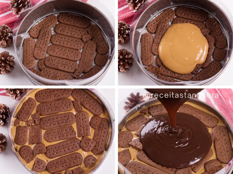 montagem da sobremesa com camadas de bolacha de chocolate