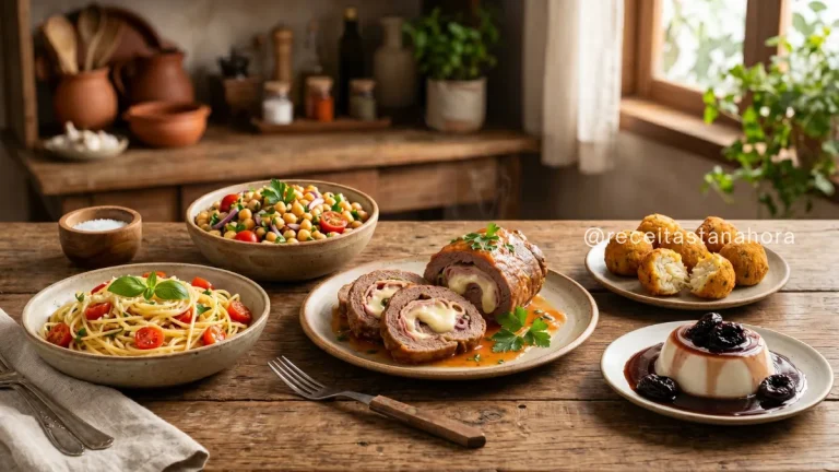 almoço especial completo com rocambole de carne, espaguete, salada de grão de bico, bolinho de bacalhau e manjar de coco