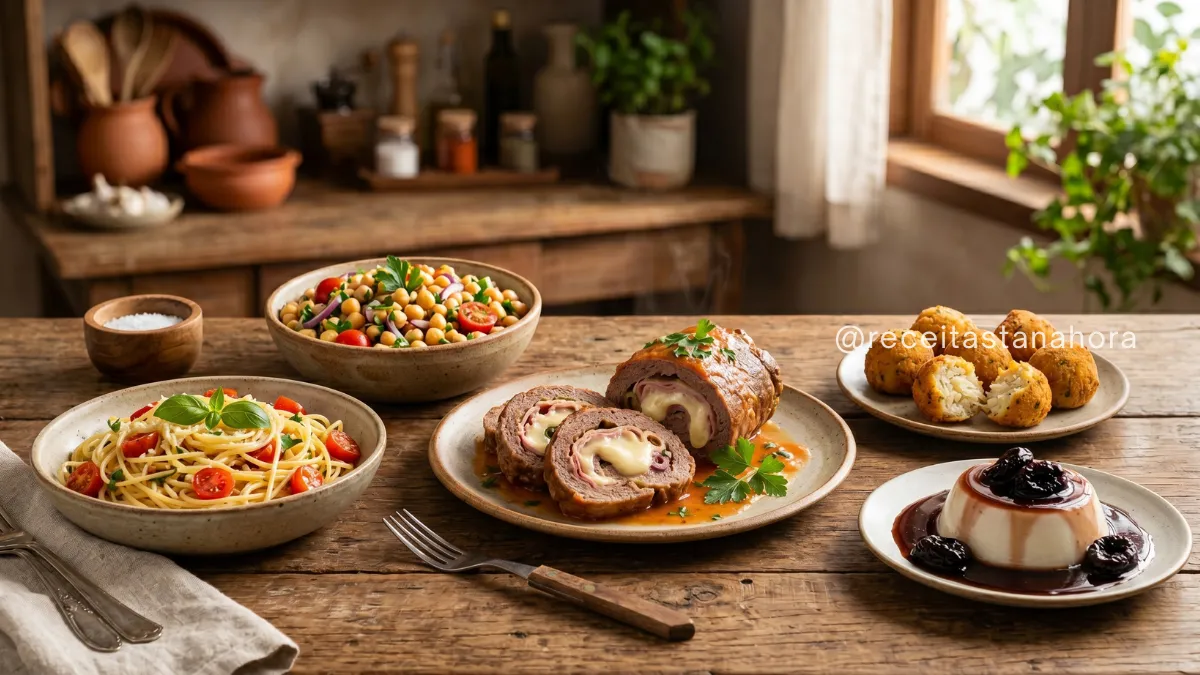 almoço especial completo com rocambole de carne, espaguete, salada de grão de bico, bolinho de bacalhau e manjar de coco