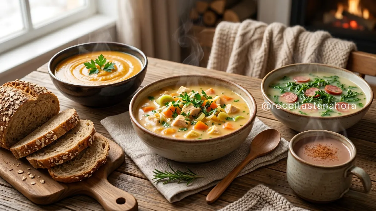 mesa com sopa cremosa, pão caseiro, caldo verde e chocolate quente em cenário aconchegante de inverno