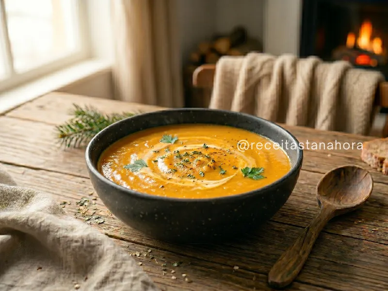 creme de abóbora cremoso servido em bowl preto rústico com toque de gengibre e ervas frescas em ambiente aconchegante de inverno.